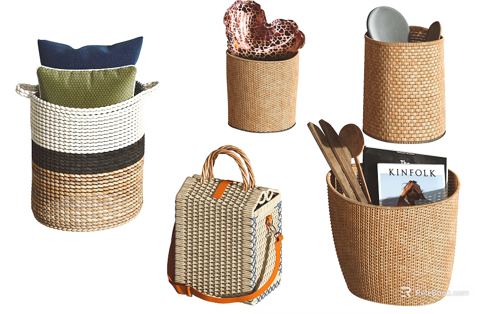 Woven Storage Baskets in Multiple Styles for Organizing Pillows Kitchen Utensils and Magazines 3d model