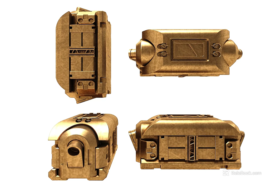 Golden Metal Mechanical Components Displayed From Various Angles With Screw Details And Structural Design 3d model 