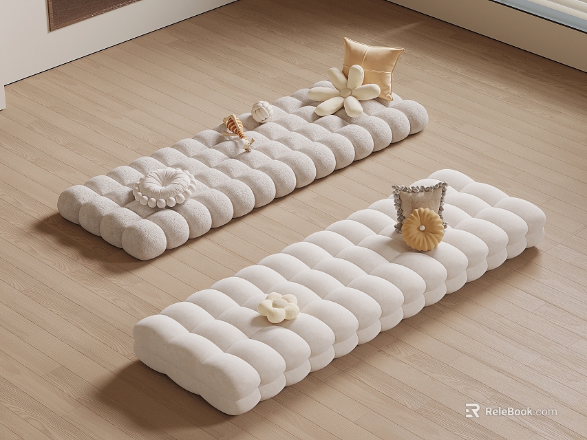 White Long Plush Pillows on Wooden Floor with Shells and Small Flower Accents 3d model 