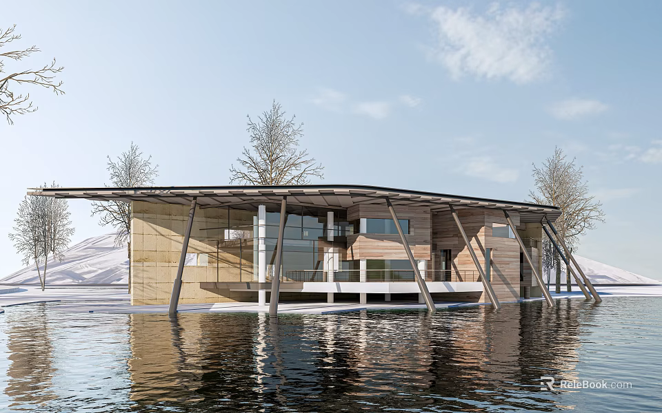 Modern Floating House With Glass And Wooden Structure On Calm Water Surrounded By Trees 3d model 