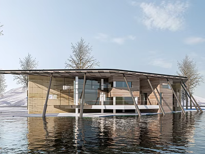 Modern Floating House With Glass And Wooden Structure On Calm Water Surrounded By Trees 3d model