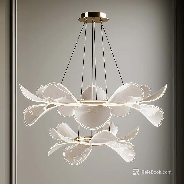 Modern White Petal Shaped Multi Layered Glass Chandelier With Gold Frame 3d model 