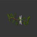 Two Green And Purple Dragonflies Resting On Branches With Green Leaves