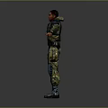 Man in tactical armor outfit with arms outstretched and blue boots against grey gradient background