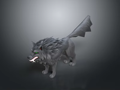Gray Wolf with Sharp Teeth Green Eyes Fluffy Fur and Unique Tail 3d model