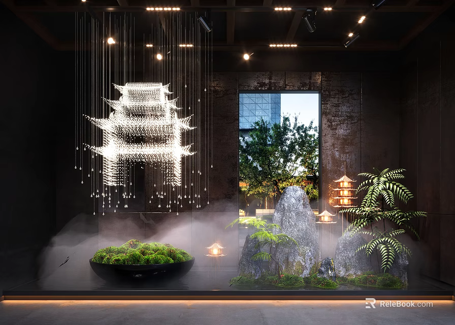 Serene Indoor Landscape With Illuminated Pagoda Mist Rock Formation Ferns And Lanterns 3d model 
