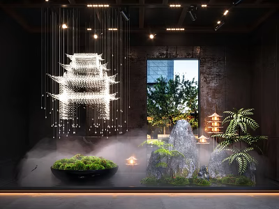 Serene Indoor Landscape With Illuminated Pagoda Mist Rock Formation Ferns And Lanterns 3d model