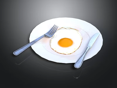 White Plate With Fresh Fried Egg Silver Fork And Knife On Black Surface 3d model