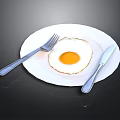 White Plate With Fresh Fried Egg Silver Fork And Knife On Black Surface