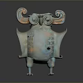 Sculpture Carving Of Ancient Bronze Mythical Bird With Curled Horns And Intricate Patterns