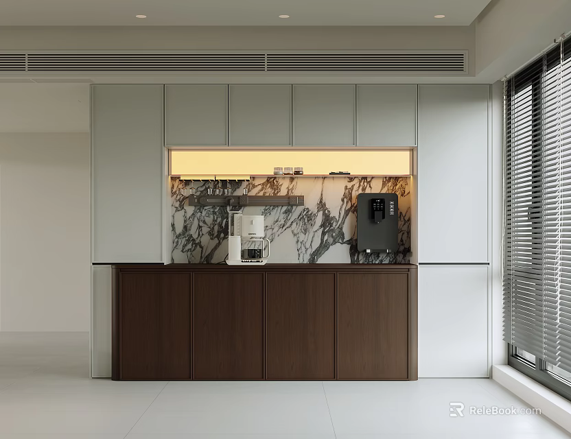 Modern Sideboard With Wooden Cabinet Marble Backsplash Appliances And Window Blinds 3d model 
