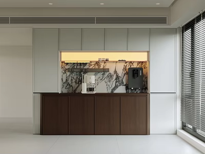 Modern Sideboard With Wooden Cabinet Marble Backsplash Appliances And Window Blinds 3d model