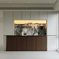 Modern Sideboard With Wooden Cabinet Marble Backsplash Appliances And Window Blinds