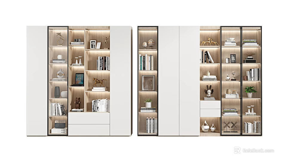 Modern Bookcase Design With LED Lighting Open Shelves And Decorative Items 3d model