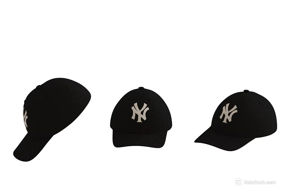 Three Black Baseball Caps With White NY Logo Displayed In Different Angles 3d model 