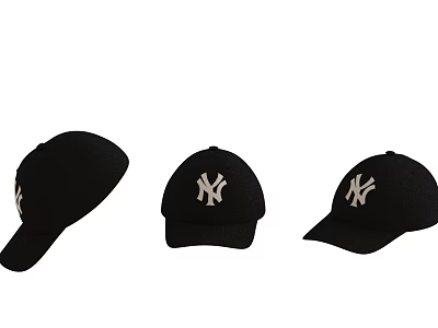 Three Black Baseball Caps With White NY Logo Displayed In Different Angles 3d model