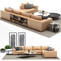 Modern Beige Sectional Sofa With Decorative Pillows And Coffee Table 3d model