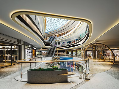 Modern Shopping Mall Lobby Interior Design With Glass Dome Escalators And Multiple Shops 3d model
