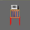 Wooden Side Cabinet with Open Shelves Storing Vinyl Records Laptop and Coca-Cola Bottle on Top