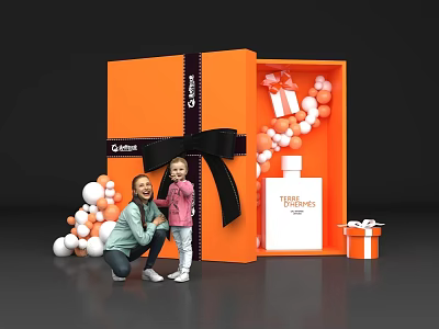 Open Orange Gift Box Photo Spot With 18thSweet Bottle Balloons And Adult Child Taking 3d model