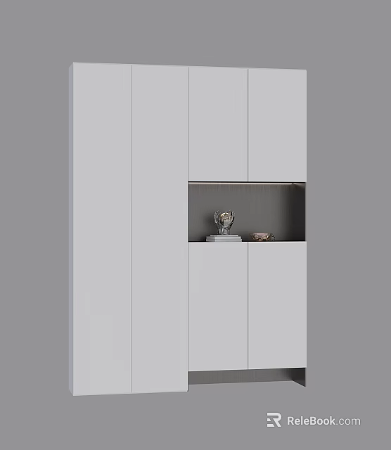 Modern White Shoe Cabinet With Multiple Doors Open Compartment And Decorative Items 3d model