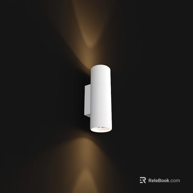 White Cylindrical Wall Lamp Illuminated on Black Wall with Warm Yellow Light Upward and Downward 3d model 