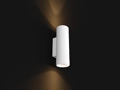 White Cylindrical Wall Lamp Illuminated on Black Wall with Warm Yellow Light Upward and Downward 3d model