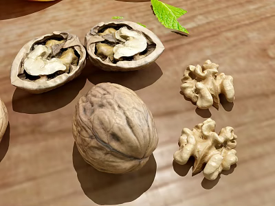 Whole and Shelled Walnuts with Fresh Mint Leaf on Wooden Surface 3d model