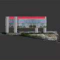 Modern Commercial Building With Red Roof And Glass Facade In Urban Planning Area