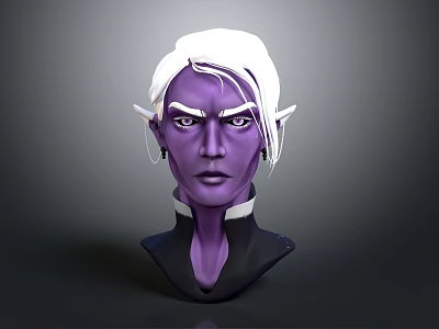 White Haired Purple Skinned Fantasy Elf Character With Pointed Ears 3D Head Sculpture 3d model