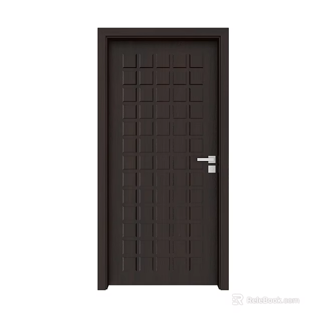 Dark Brown Wooden Swing Door With Grid Pattern And Silver Handle 3d model