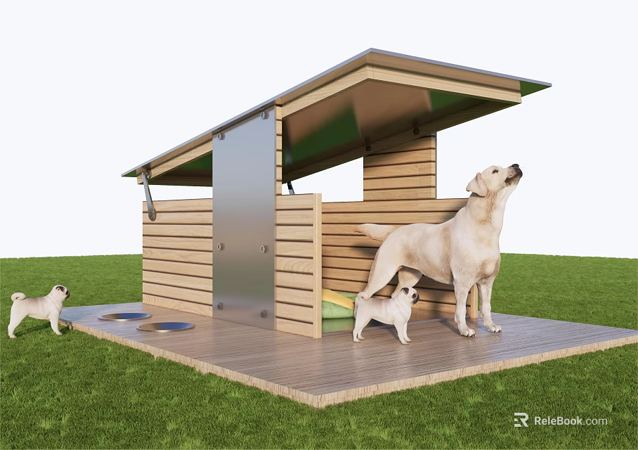 Wooden Dog House With Tilted Roof And Platform For Dogs In Grassy Area 3d model 