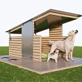 Wooden Dog House With Tilted Roof And Platform For Dogs In Grassy Area