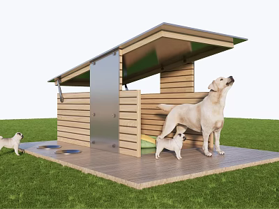 Wooden Dog House With Tilted Roof And Platform For Dogs In Grassy Area 3d model