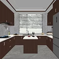 Modern Kitchen With Dark Brown Cabinets Central Island Marble Countertops Large Window Stainless Steel Refrigerator