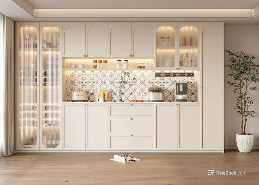 Modern White Sideboard With Glass Doors Built-in Lighting Storage Cabinets And Potted Plant 3d model 