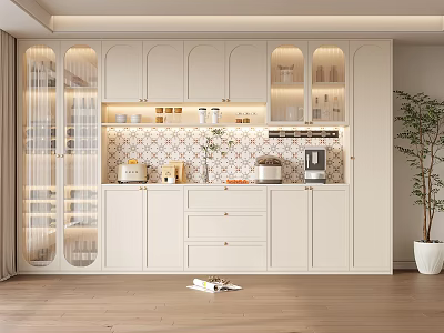 Modern White Sideboard With Glass Doors Built-in Lighting Storage Cabinets And Potted Plant 3d model