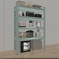 Light Green Storage Shelf with Multiple Shelves Holding Kitchen Appliances Jars and Small Refrigerator