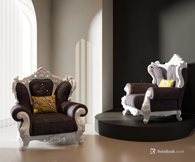 Luxurious Accent Chairs with Silver Carved Details Dark Upholstery and Yellow Cushions in Modern Room 3d model 