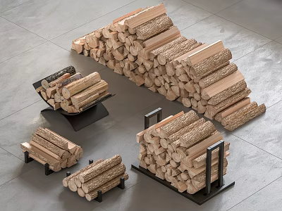 Stacked Wood Logs on Black Metal Racks Over Stone Floor Storage Organization 3d model