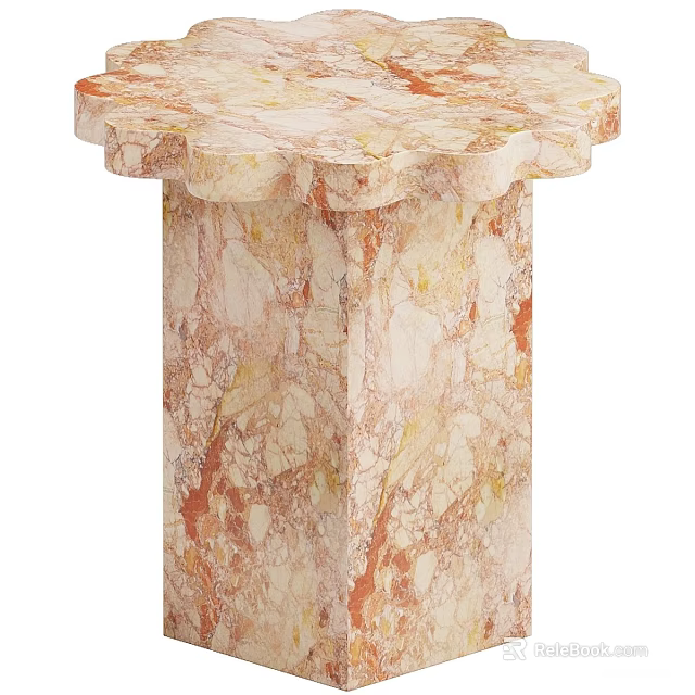 Elegant Modern Marble Side Table With Scalloped Top Pedestal Base And Peach Veined Design 3d model 