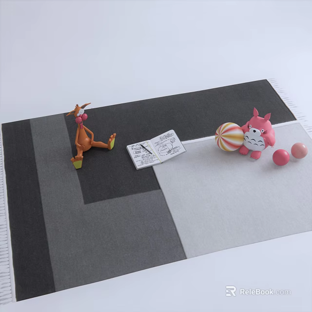 Square Rug With Gray And White Patchwork Featuring Stuffed Animal Toys And Note Paper 3d model 