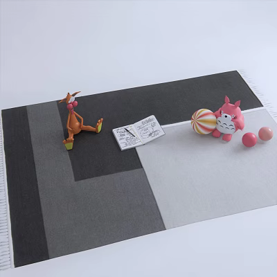 Square Rug With Gray And White Patchwork Featuring Stuffed Animal Toys And Note Paper 3d model