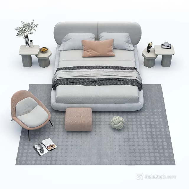 Modern Double Bed with Gray Bedding Pink Pillows Bedside Tables and Rug 3d model
