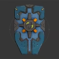 Blue Mechanical Device With Central Gear Mechanism Yellow Accents And Futuristic Industrial Design
