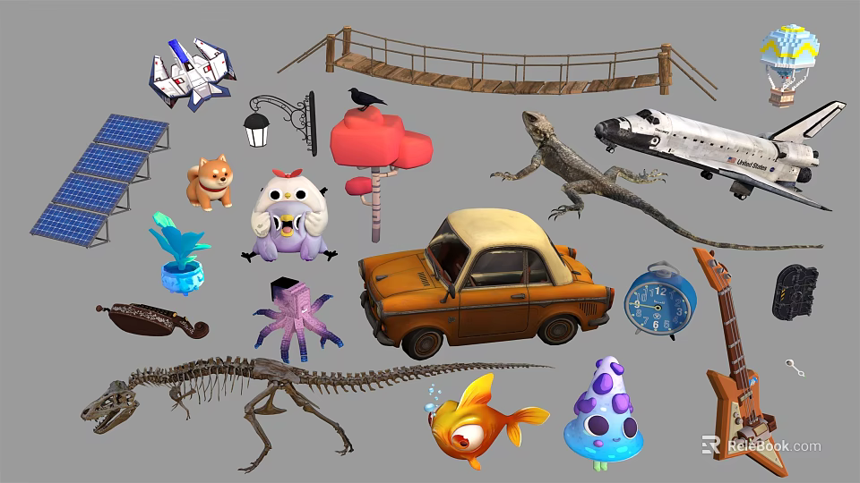 Diverse Decorative Ornament Set Featuring Animal Car Guitar Clock And Dinosaur Models 3d model 
