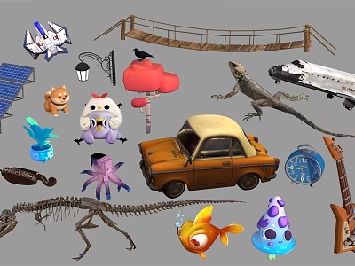 Diverse Decorative Ornament Set Featuring Animal Car Guitar Clock And Dinosaur Models 3d model