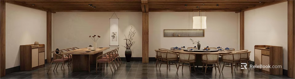 Traditional Private Room Interior With Wooden Structure Dining Table Chairs And Scroll Painting 3d model 