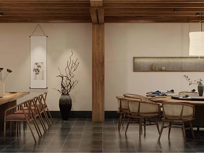 Traditional Private Room Interior With Wooden Structure Dining Table Chairs And Scroll Painting 3d model