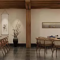 Traditional Private Room Interior With Wooden Structure Dining Table Chairs And Scroll Painting
